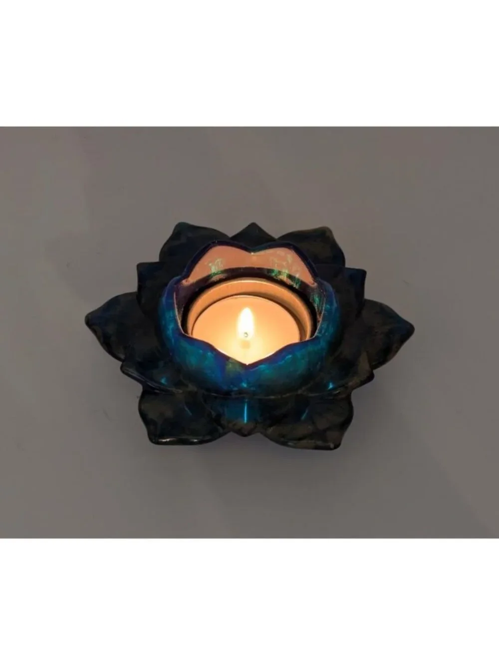 Lotus Flower Resin Tealight Holder Green, Gold & Blue 4.5